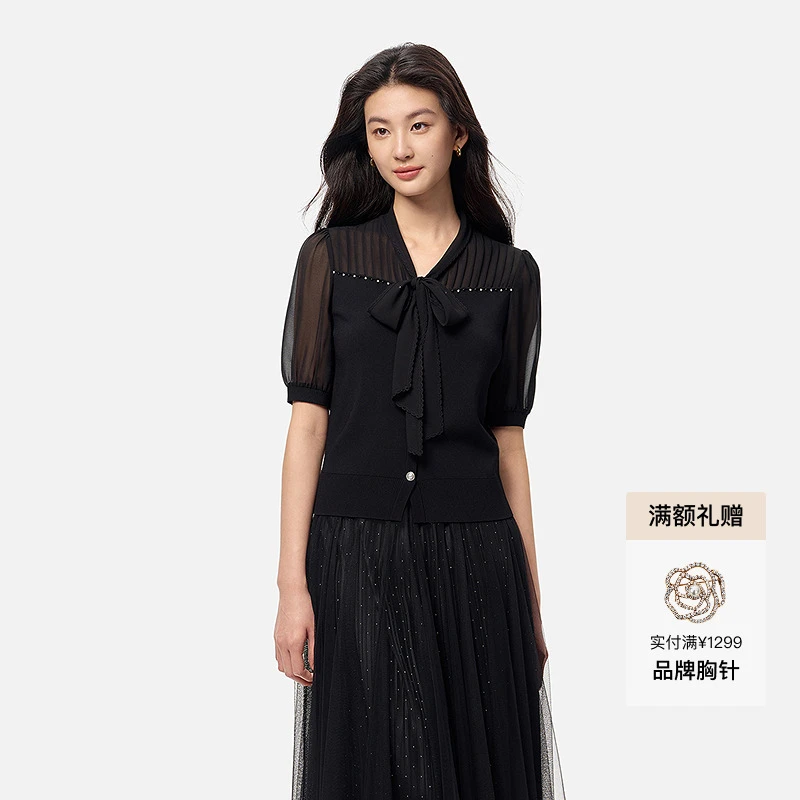 【沁露冰肌】商场同款珂莱蒂尔气质时尚季黑色设计师圆领优雅上衣