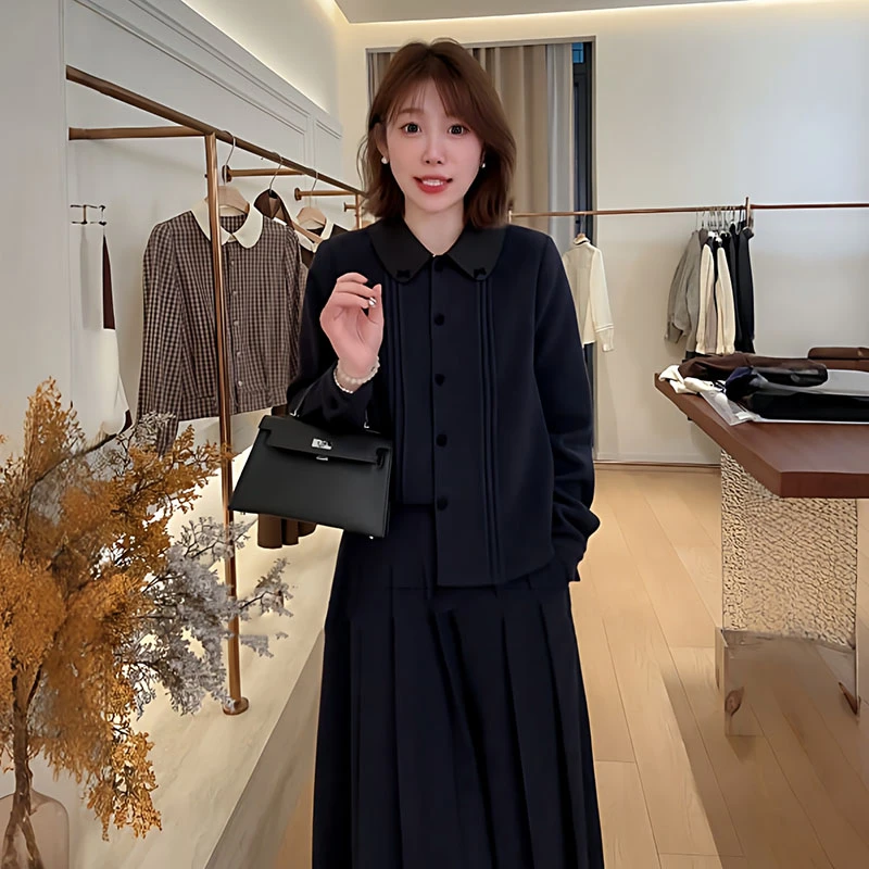 大码高级感翻领上衣百褶裙两件套女秋冬新款胖mm显瘦韩系气质套装