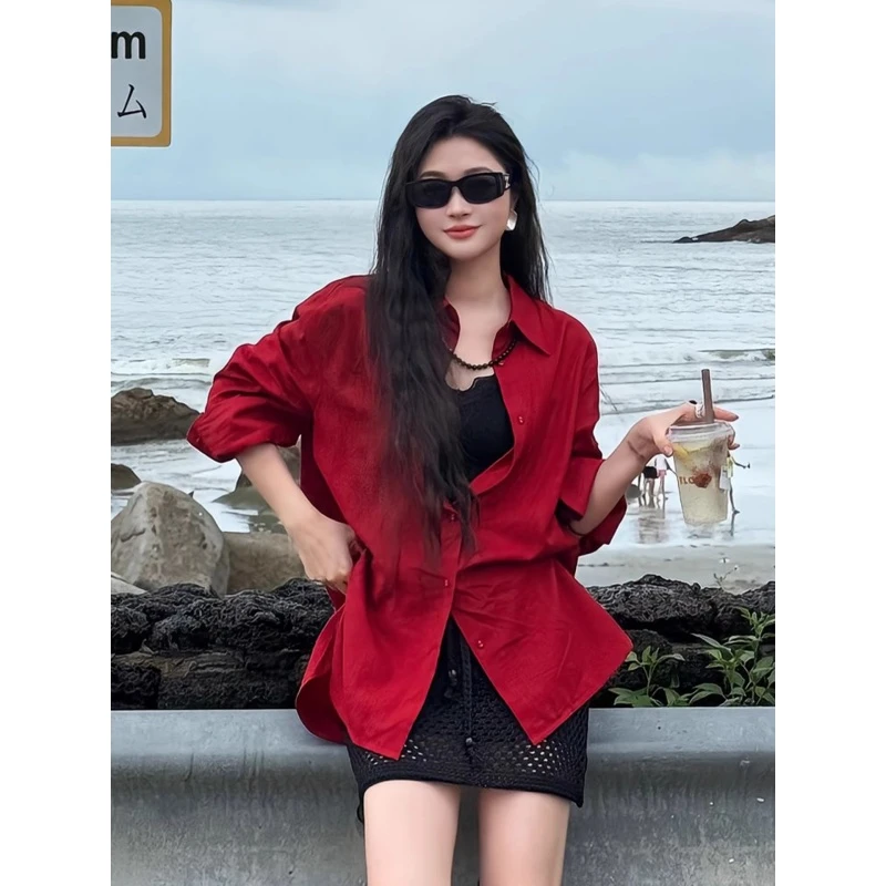 早秋新款轻奢高级感洋气法式小资上衣独特别致通勤风红色长袖衬衫