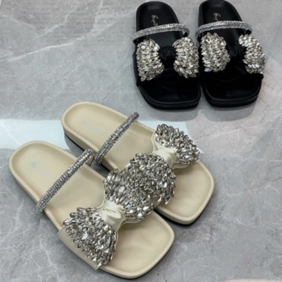 夏季厚底休闲蝴蝶结水钻一字拖沙滩鞋外穿韩版平底