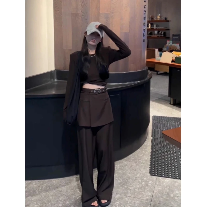 时髦洋气假两件屁帘西装裤女2025春夏气质小众设计感休闲阔腿长裤