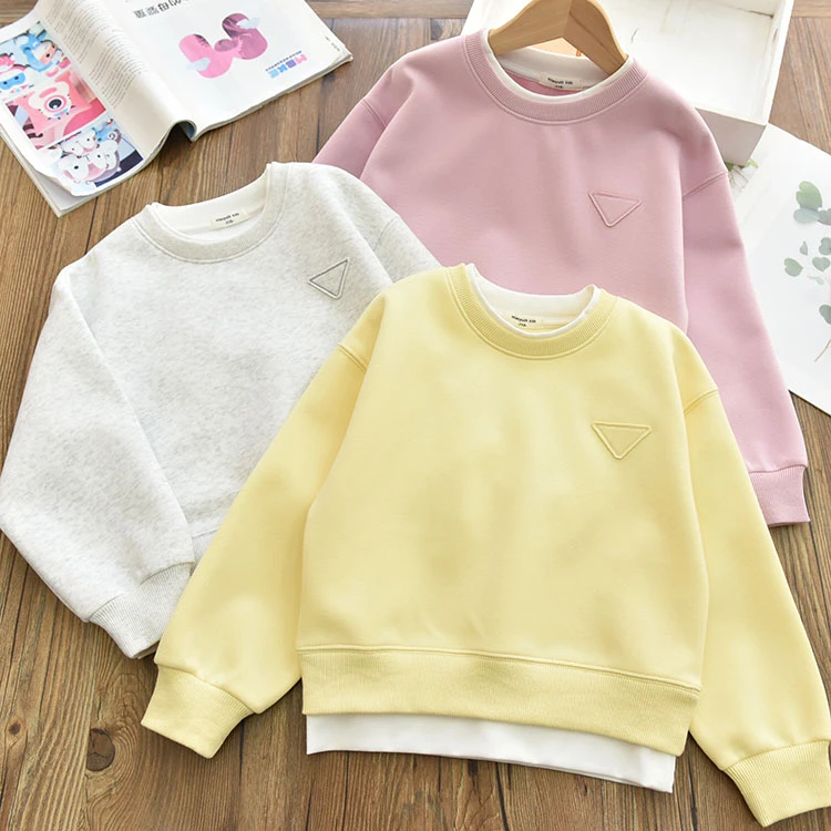 2025春女童简约大方假两件刺绣标圆领长袖卫衣 中大儿童百搭上衣