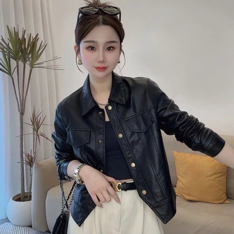 短款复古港风绑带免烫处理皮衣长袖修身型方领薄款