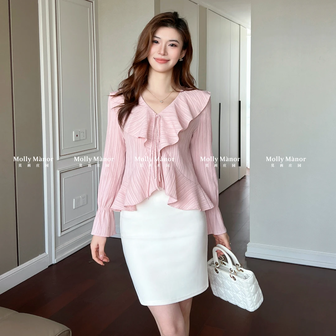 「海德公园」法式设计感气质时尚长袖荷叶领系带衬衫