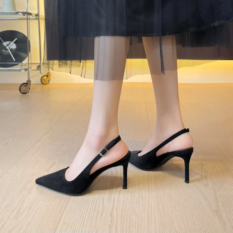 2025新款尖头后空6厘米细跟高跟鞋女绒面气质百搭不累脚性感凉鞋
