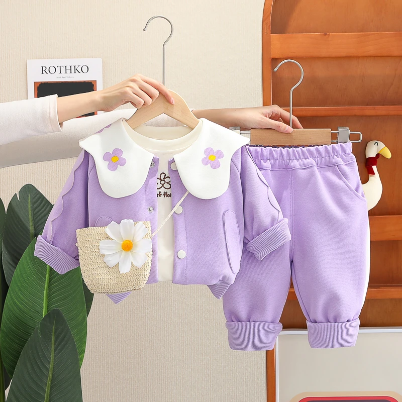 女童春装时尚套装2025新款宝宝洋气外套三件套春秋婴儿童女孩衣服