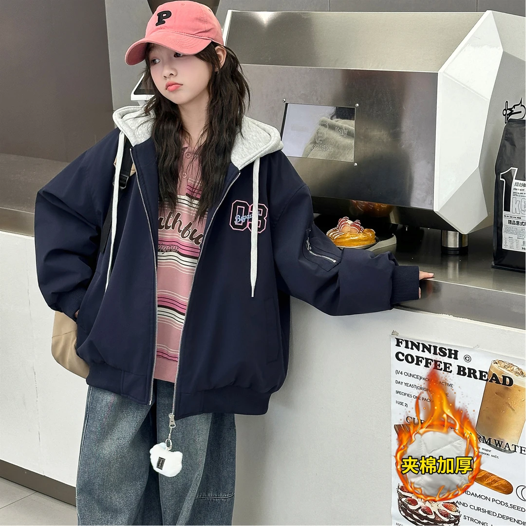 女童冬装夹棉字母绣花连帽外套2025新款儿童洋气中大童炸街棉服潮