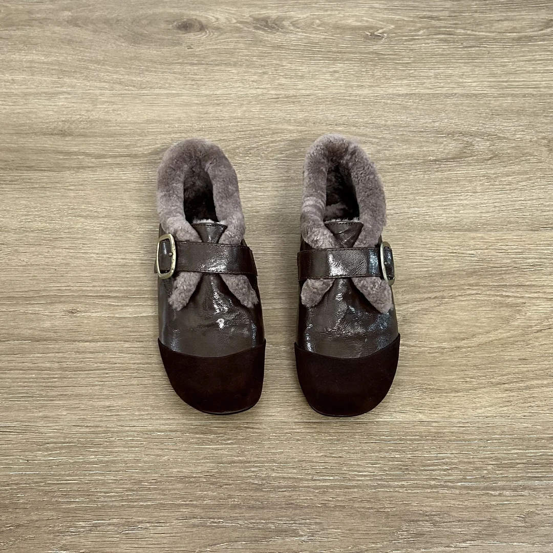 Dannyfrey真皮羊羔毛加绒深口单鞋女秋冬新款玛丽珍毛毛鞋平底鞋