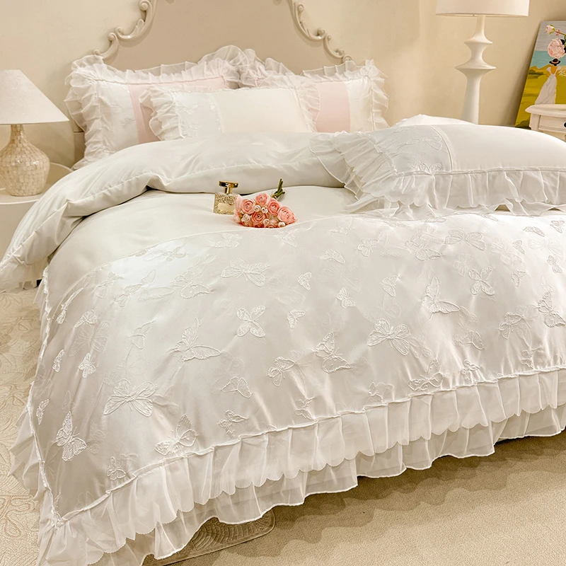 公主风浮雕水洗冰丝纯白四件套双层花边被套被罩床单床笠家用床品