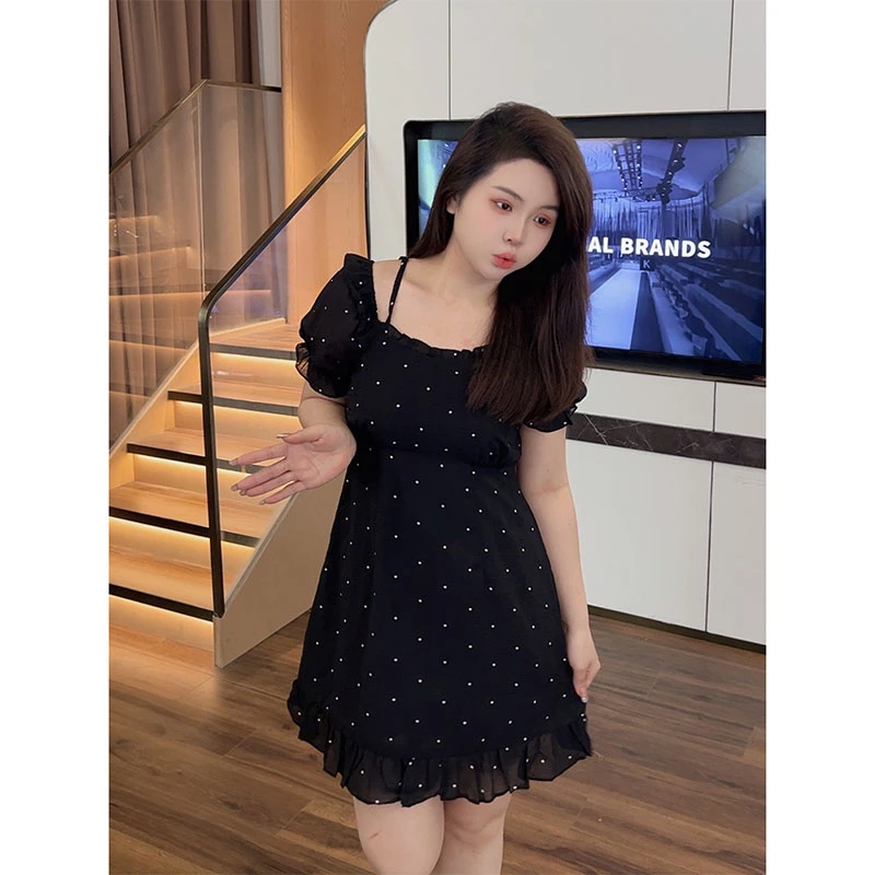 大梦微胖定制【LHC789】 夏季法式气质收腰显瘦波点方领a字连衣裙