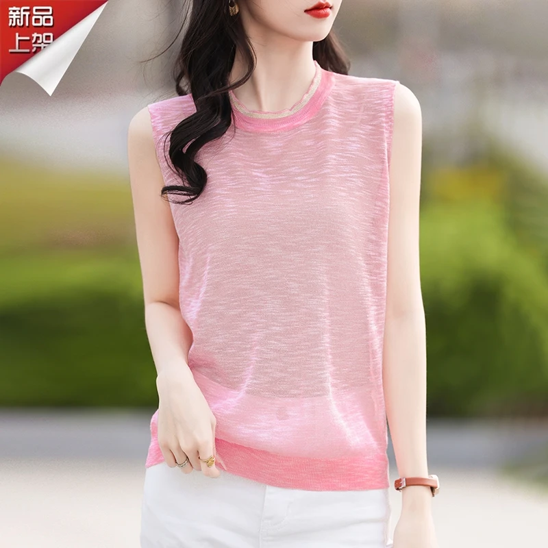 哥弟阿玛施正品夏季新款圆领时尚百搭背心小清新纯色镂空显瘦上衣