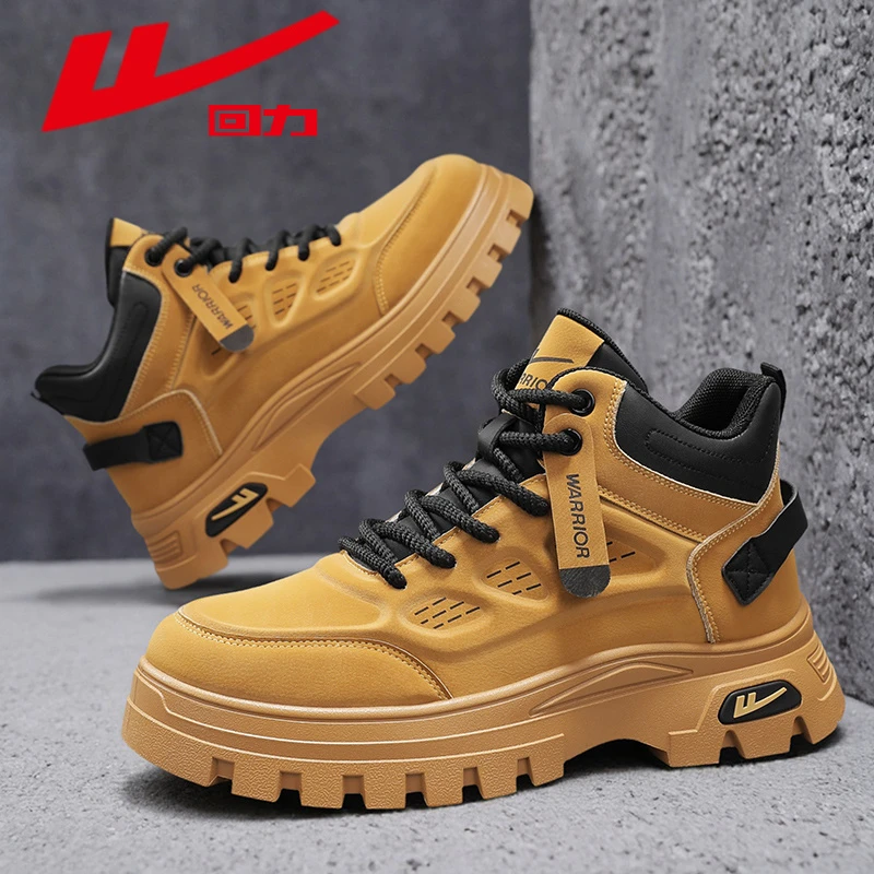 Warrior/回力秋季新款男士高帮马丁靴厚底增高耐磨防水纯色潮流