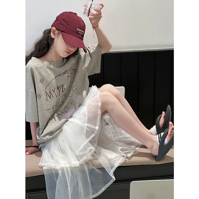 K28673孙小美涂鸦女童短袖T恤2025夏装大童儿童上衣百搭半袖