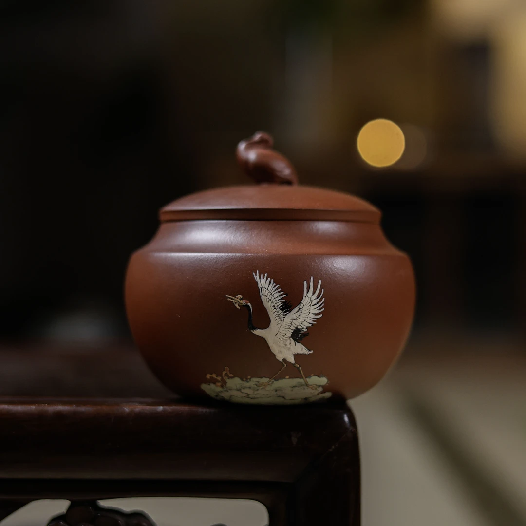【纳兰】茶叶罐-鹤鸣-亦缶-紫泥(直径10.5 高10)（窑云S0275）