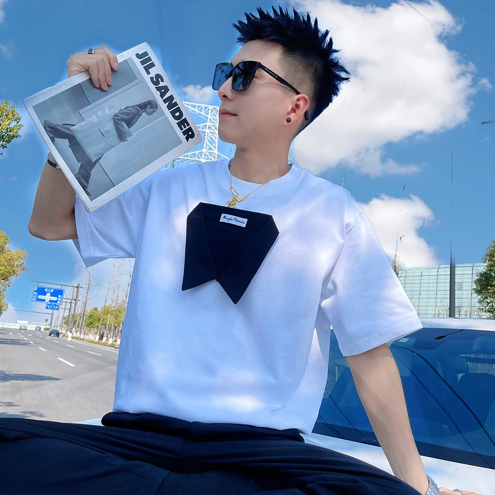 夏季新款假两件T恤男英伦饰高级感男装撞色男装短袖T恤夏天半袖潮