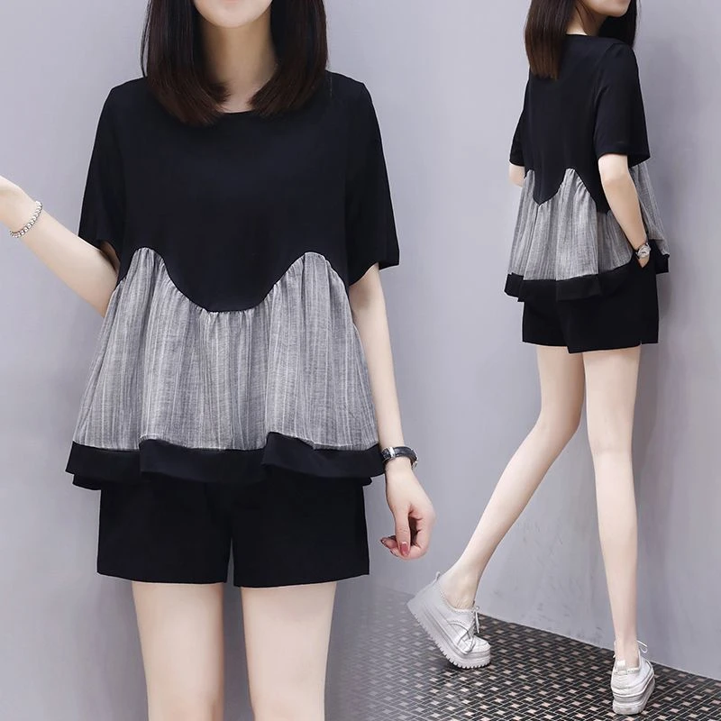 2025年新款女装夏季两件套裤宽松拼接上衣短裤休闲时尚套装女显瘦