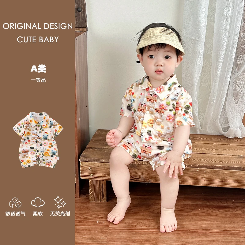 2025新款婴儿夏季连体衣男宝女宝夏装短袖薄款哈衣印花小熊外出服