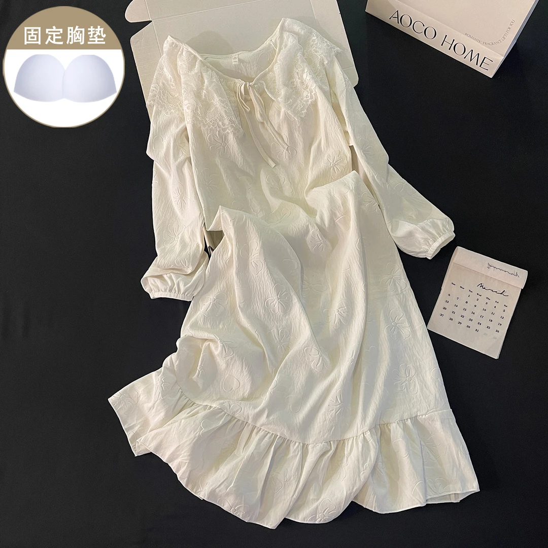 睡衣女春秋季带胸垫长袖睡裙中长款杏色蕾丝连衣裙新款宽松家居服