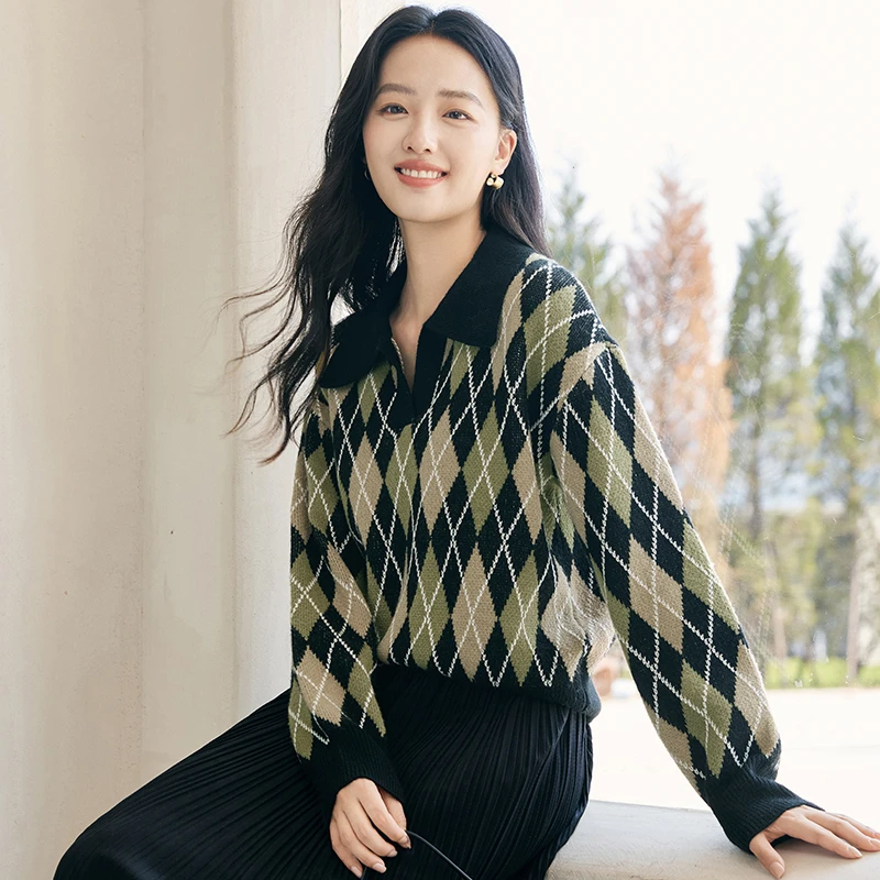 【陈大可】N844335毛针织衫 香影菱格毛衣女翻领2024年冬季新款