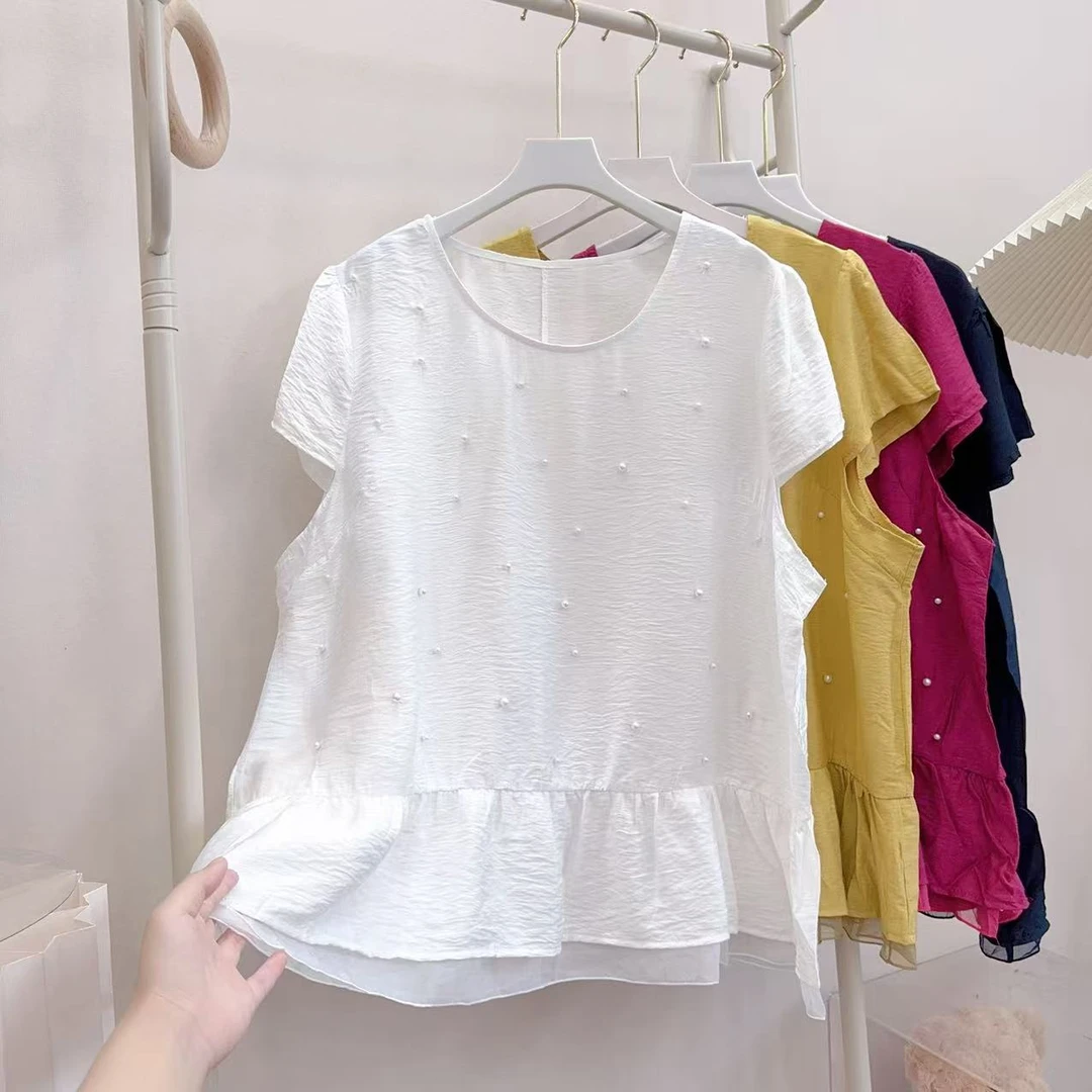 胖胖家*568新款重工钉珠圆领菲边减龄上衣