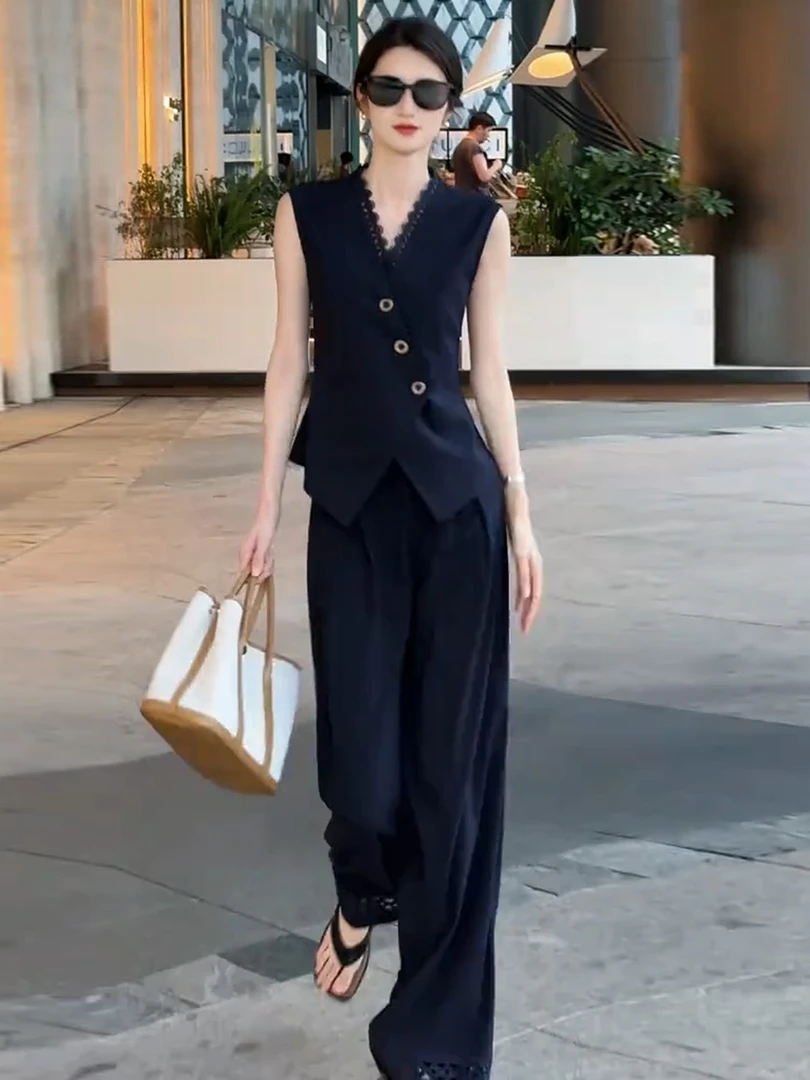 御姐通勤气质感休闲套装女2025夏季新款无袖马甲上衣阔腿裤两件套