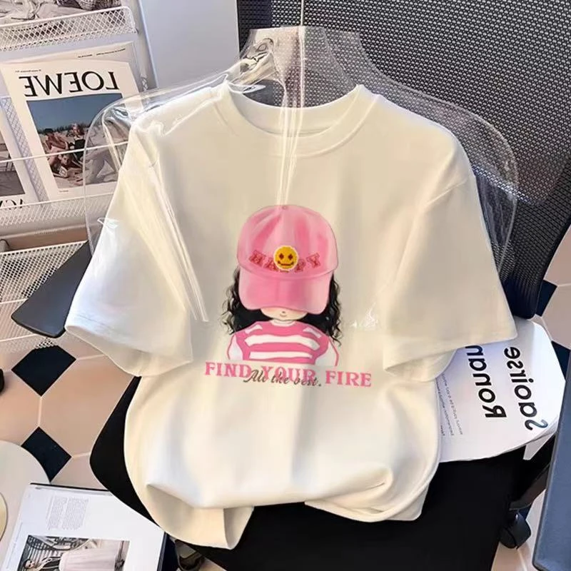 粉帽女孩亲子系列~洋气时髦百搭卡通宽松夏季女孩短袖体恤