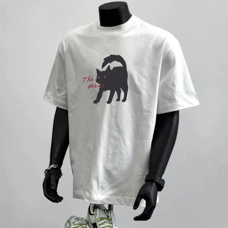 夏季美式复古短袖T恤男女休闲圆领潮流宽松迷幻小猫印花上衣t