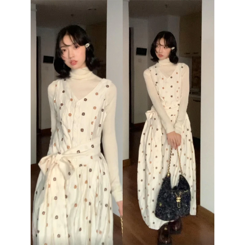 MARIE.COCO秋季新款堆堆领内搭打底衫上衣无袖绑带收腰连衣裙套装