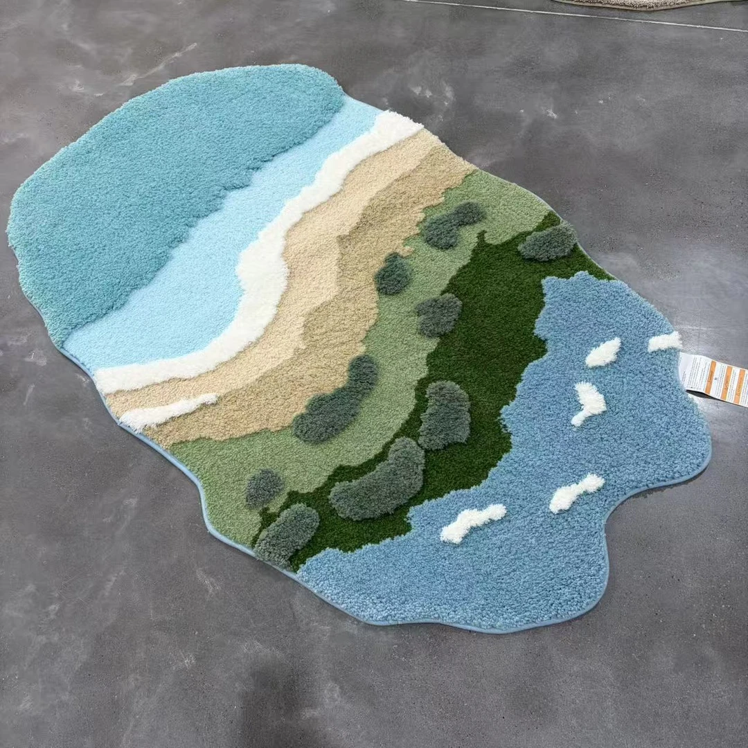 简约ins风异形海滩风景加厚植绒床边卧室地垫