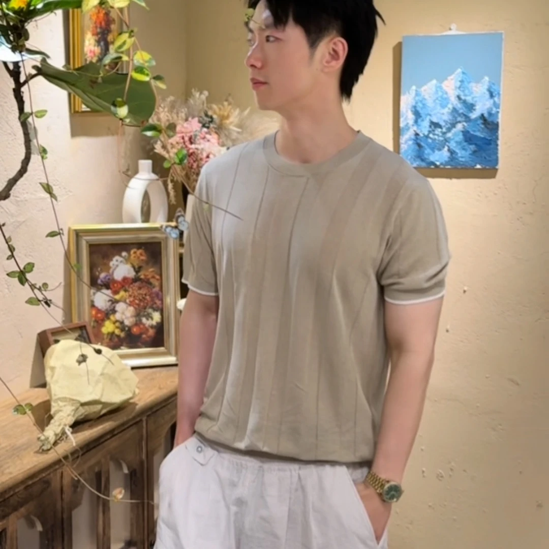 Cyninoid【BC同款】天丝亚麻坑条透气亲肤老钱风休闲针织T恤 1671