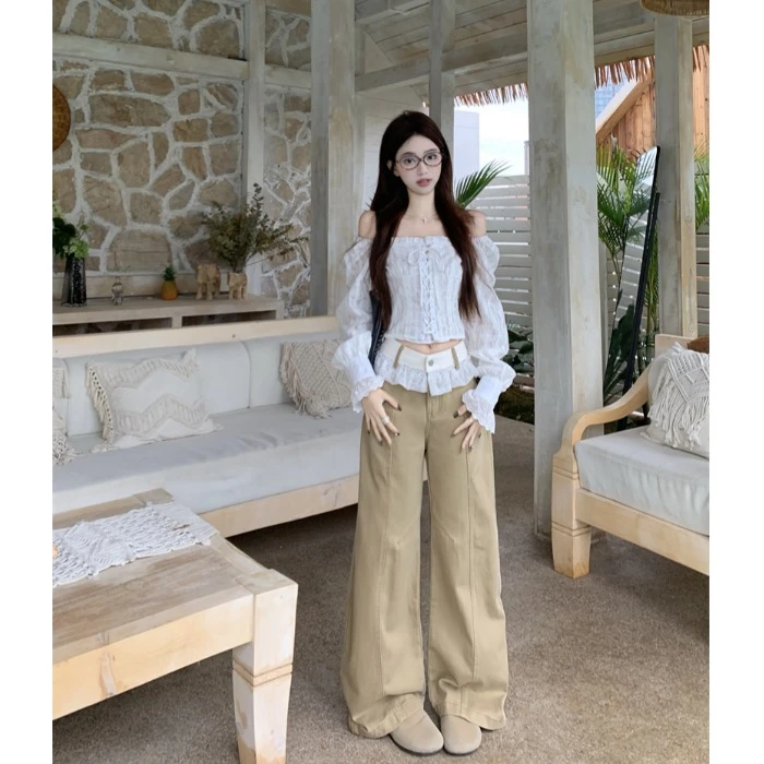 辣妹套装白色蕾丝一字领长袖衬衫女春季新款花边休闲裤长裤两件套