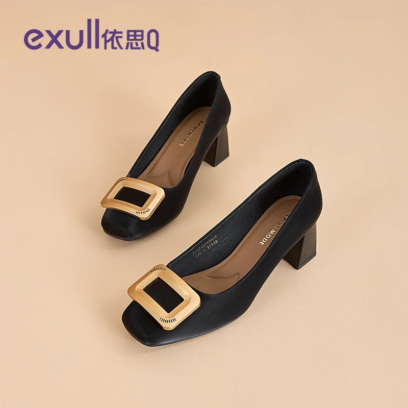 依思q浅口单鞋女2025秋季新款黑色高跟鞋工作职业通勤粗跟小皮鞋