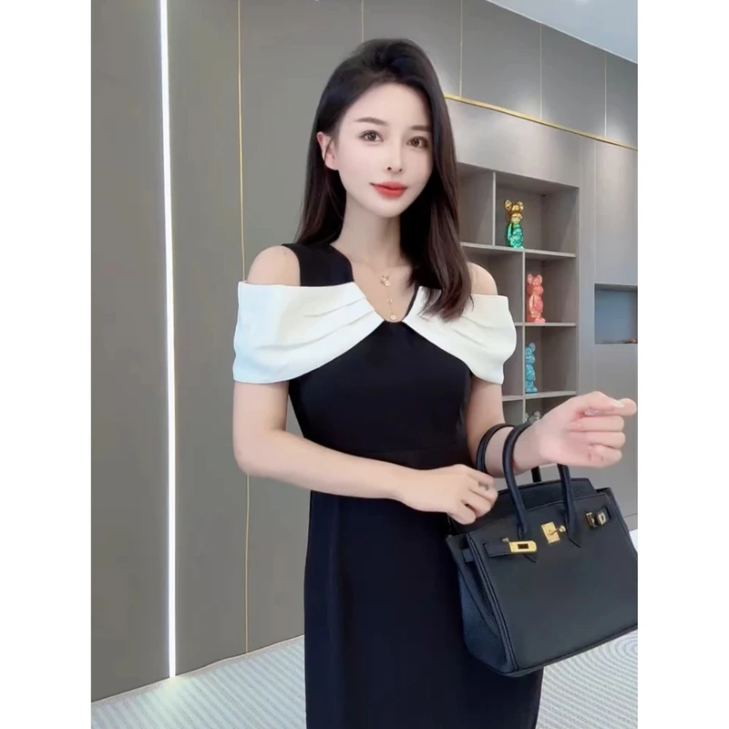 夏季法式赫本风优雅气质女人味V领后开衩拼接袖撞色小黑裙连衣裙