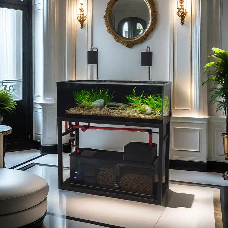 工业风简约溪流缸工厂直供鱼缸超白玻璃水刀一体底滤120长溪流缸