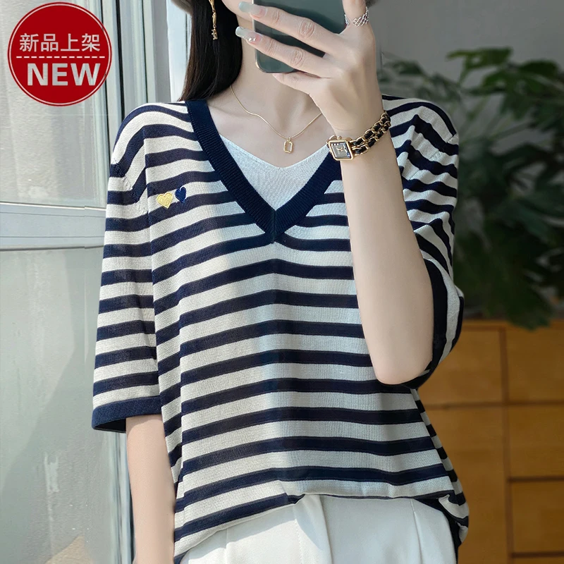 哥弟阿玛施正品时尚V领假两件薄款优雅气质条纹短袖休闲针织衫女