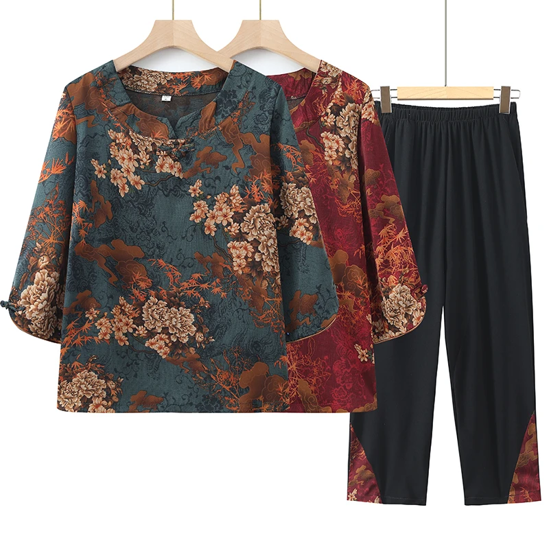 老年人夏装女奶奶夏季套装妈妈短袖两件套老太太夏季宽松老人衣服