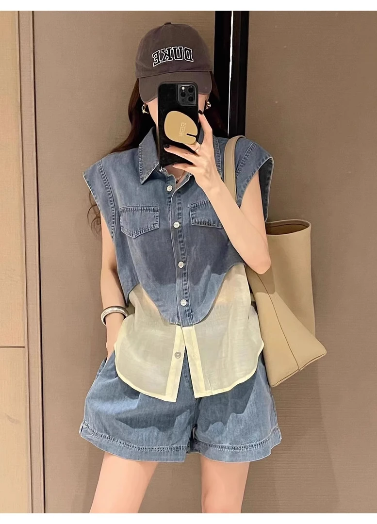 休闲运动套装女夏炸街减龄洋气小个子牛仔拼接无袖马甲短裤两件套