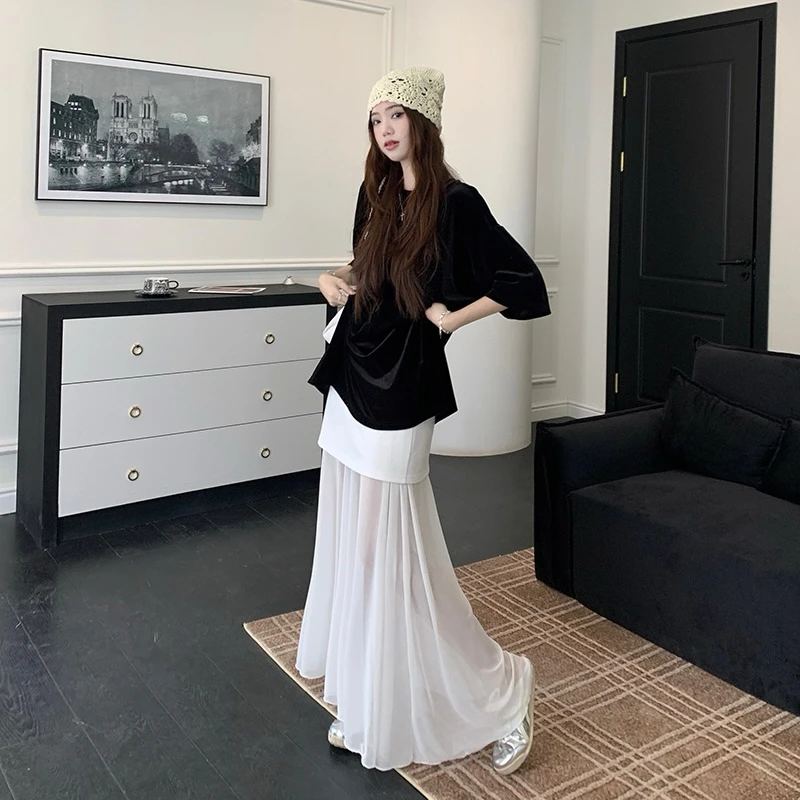 #8202鱼尾魅力新款显瘦高腰网纱拼接法式优雅鱼尾半身+丝绒T恤