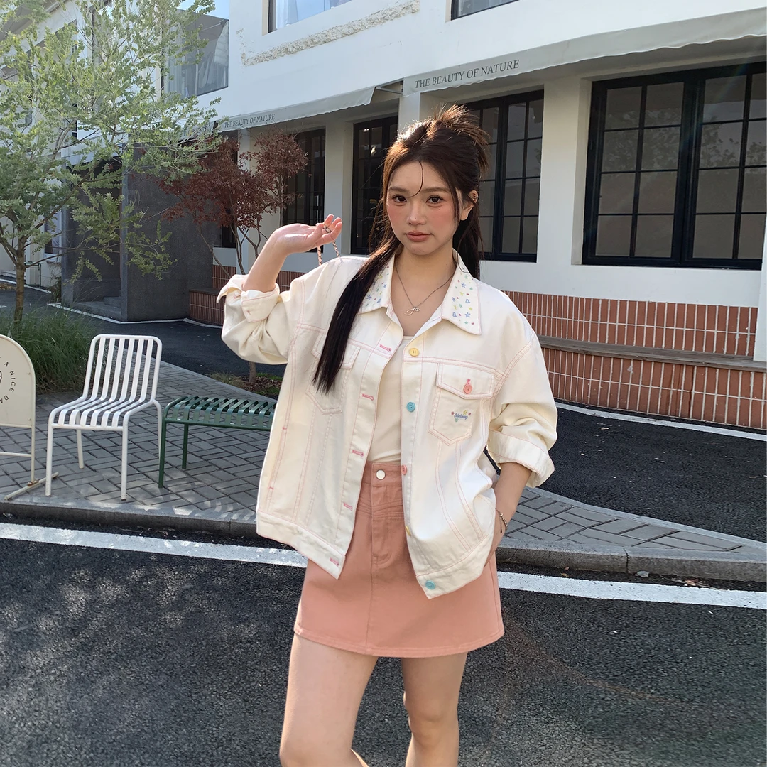 张大人【满眼春光】大码女装微胖妹妹减龄设计牛仔外套粉色半裙套装