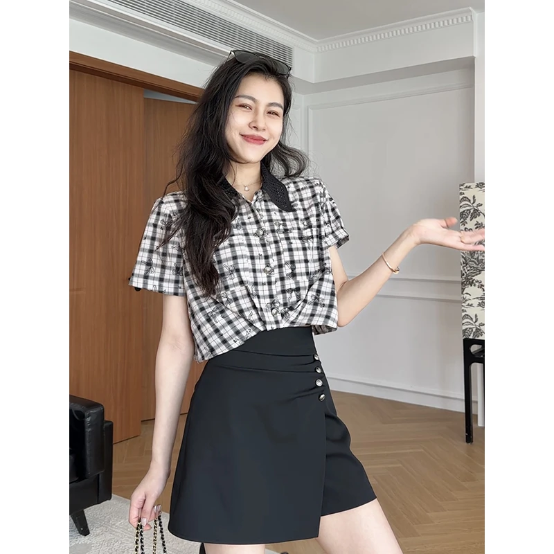 【现货】张阿星韩系时髦复古格纹衬衫+显瘦遮肉裙裤 W425A08383