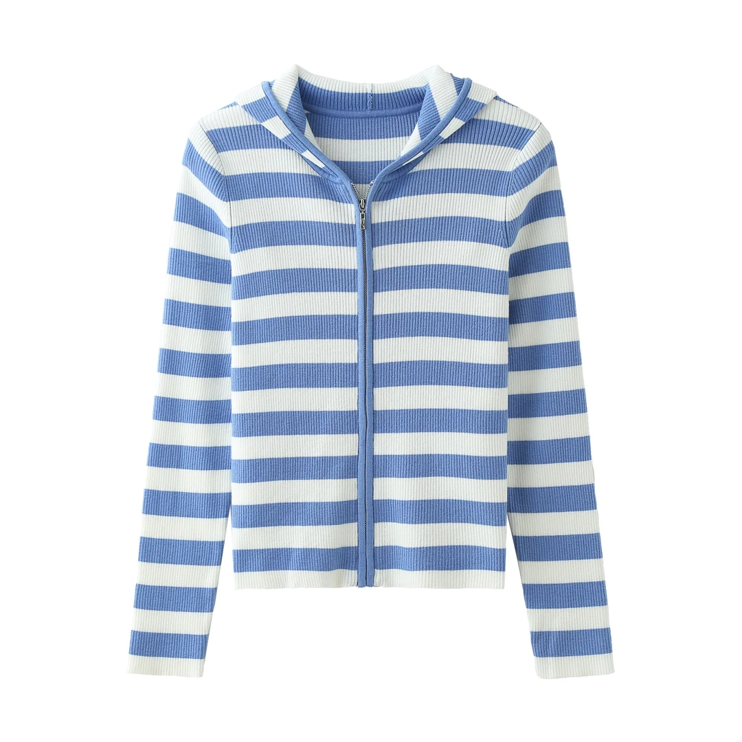 常规袖春季条纹短款毛衣连帽秋季毛针织衫长袖宽松薄款显瘦