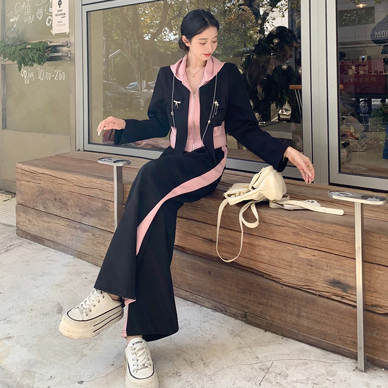 2025秋冬新款时尚气质显瘦连帽卫衣+高腰阔腿裤两件套女休闲套装