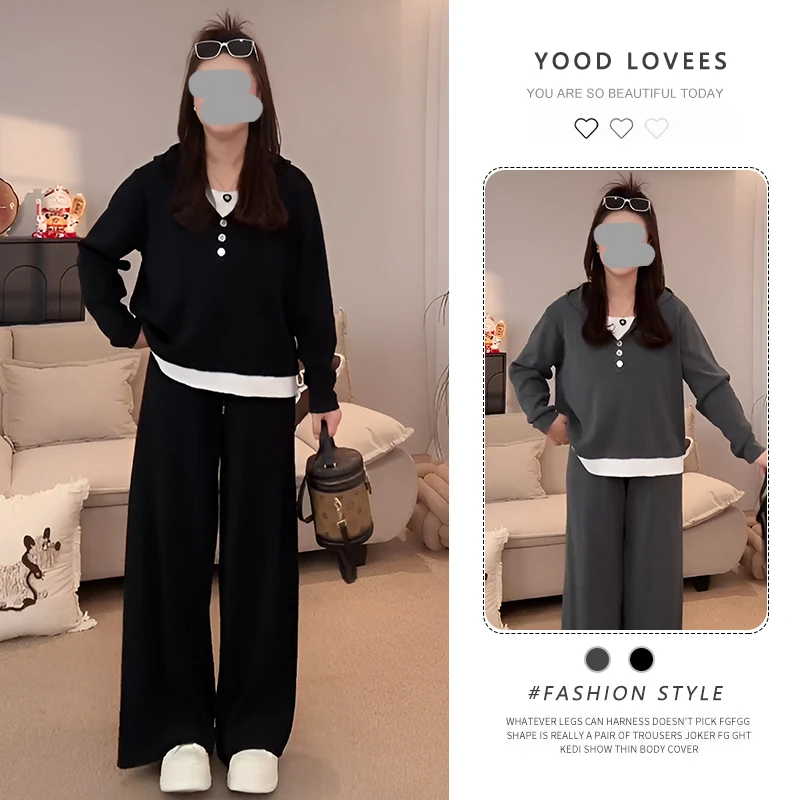 休闲套装女2025春秋新款韩版长袖假两件宽松百搭显瘦直筒裤两件套