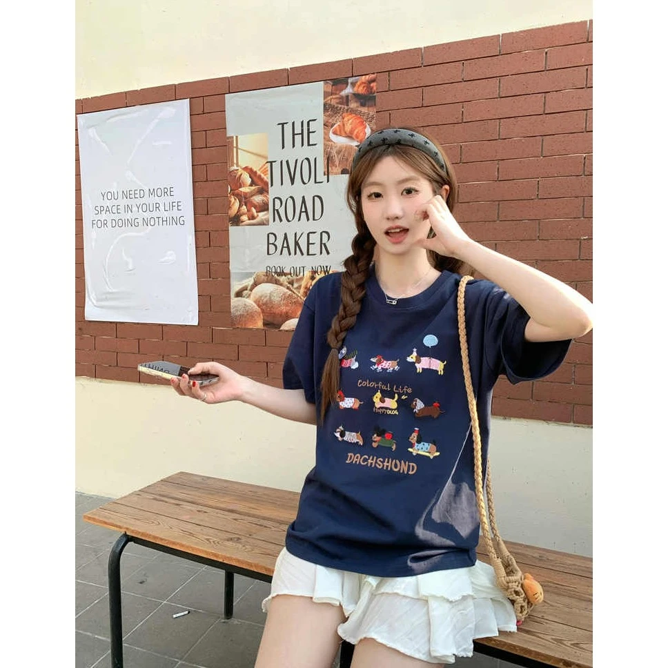 夏季2025新款爆款美式复古宽松设计感上衣大码胖mm刺绣短袖t恤女