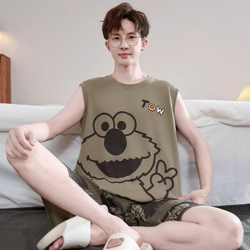 夏季纯棉睡衣男士背心无袖卡通大码青少年薄款男款全棉家居服套装