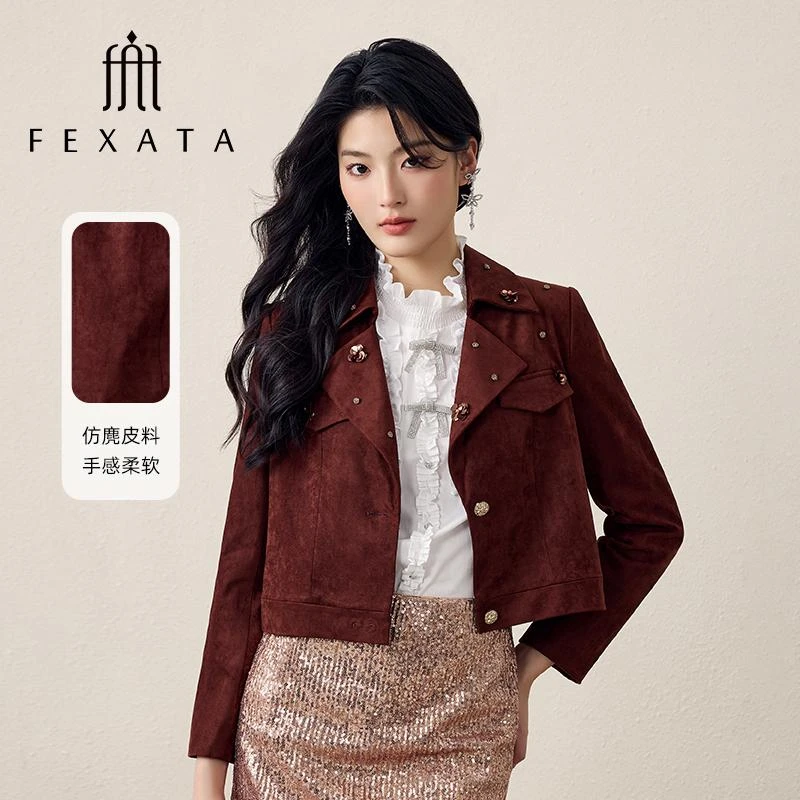 FEXATA斐格思2025秋新品气质仿麂皮绒夹克小个子短外套