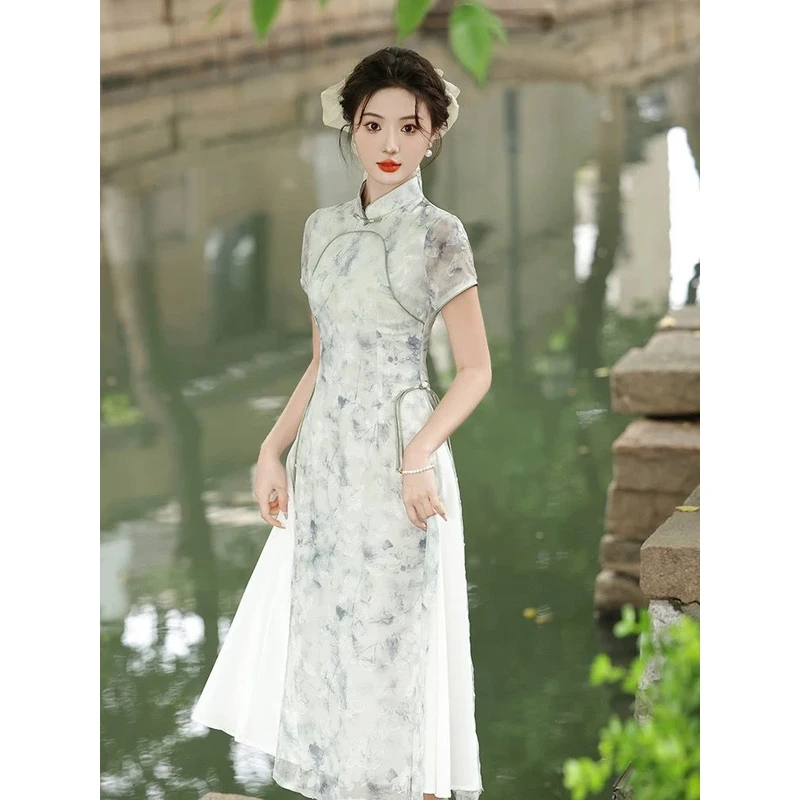 改良旗袍裙新中式奥黛夏季长款清冷遮肚子年轻素雅新款茶服连衣裙