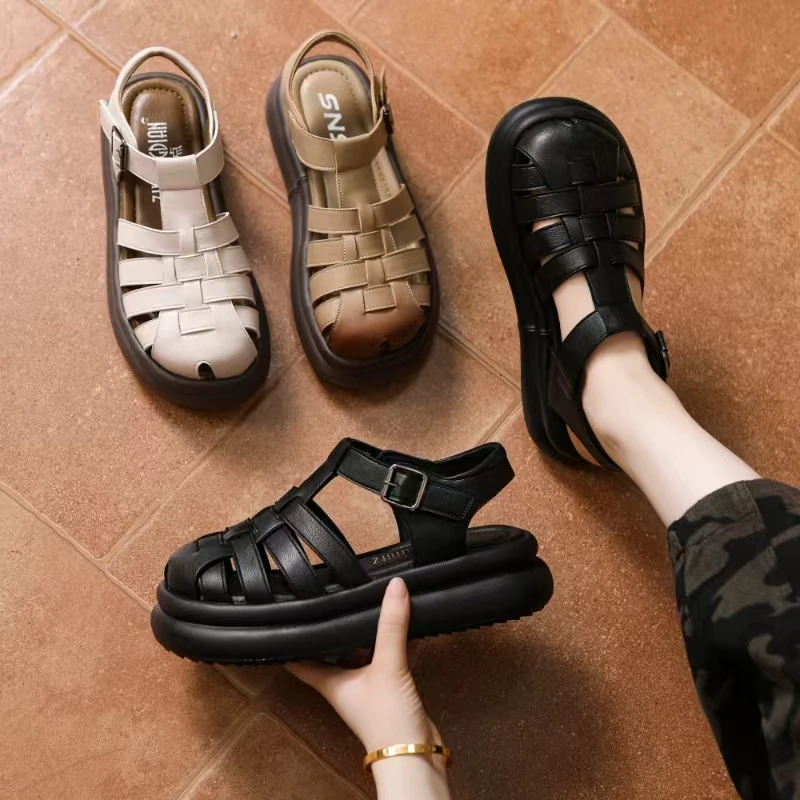 包头跟五厘米跟高休闲轻底凉鞋百搭夏季复古编织镂空厚底时尚软底