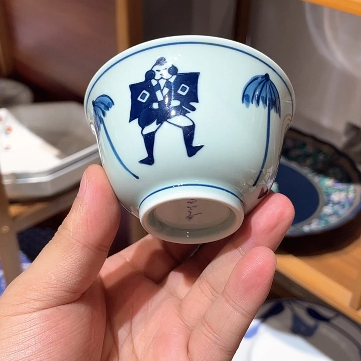 紫砂86手写豐山窑柴烧豆青釉手绘荷兰人杯小窑带