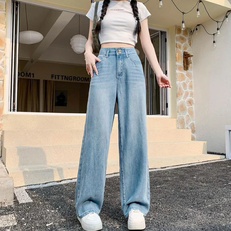 夏季薄款天丝双扣牛仔裤子大码女胖mm显瘦梨型身材高腰直筒阔腿裤